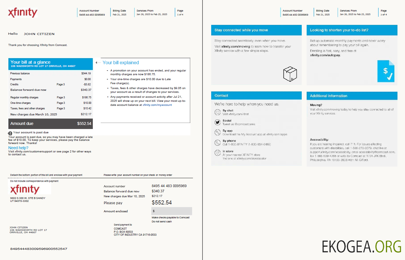 Usa Xfinity utility bill template in word and pdf formats, 4 pages, version 2, 1 2 pages template
